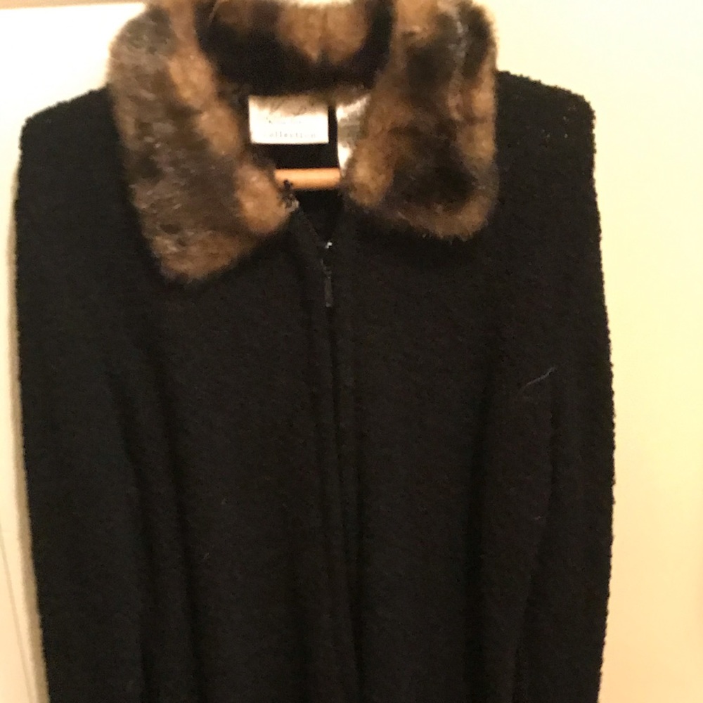 Kathie Lee block zip sweater w/faux fur collar; S